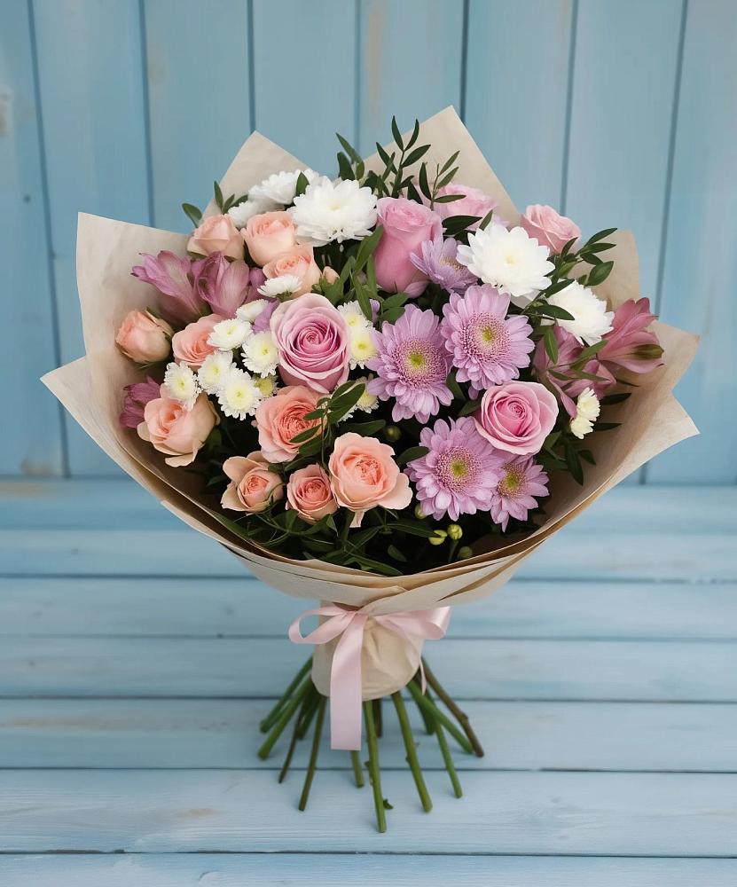 Букет цветов из: Хризантемы, Розы и Альстромерии в Горы
