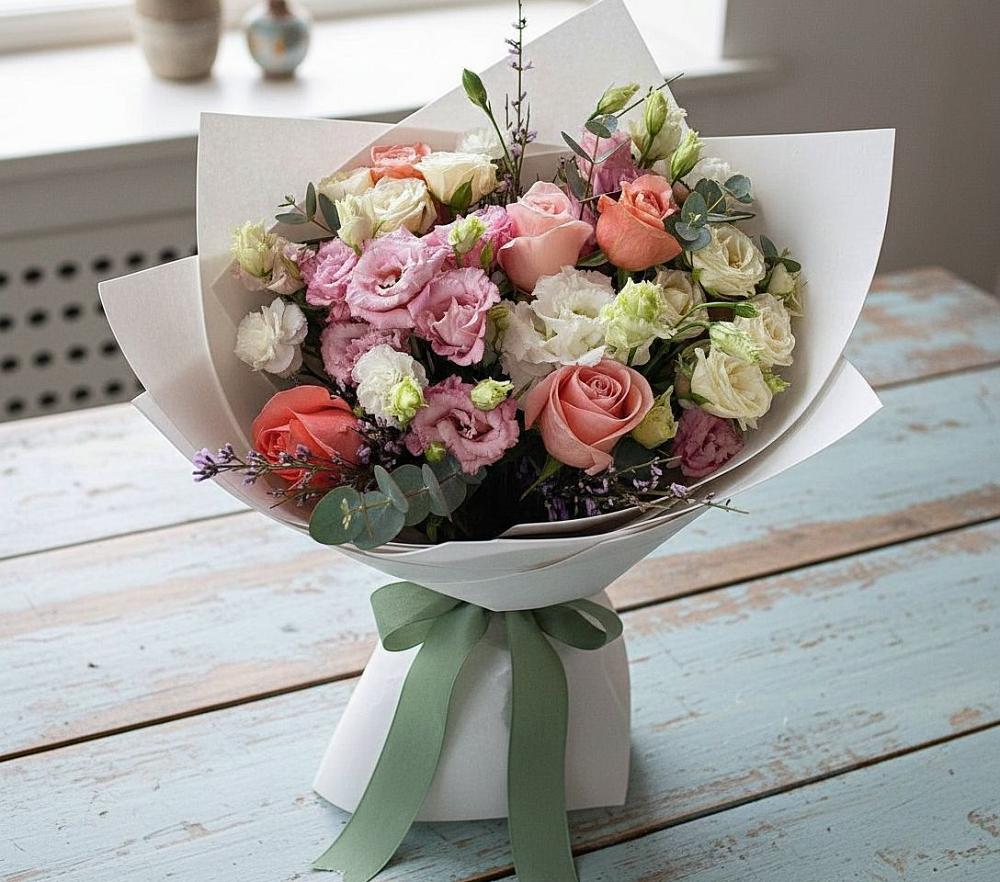 Букет цветов из: Розы, Лизиантусы и Гвоздики в Горы