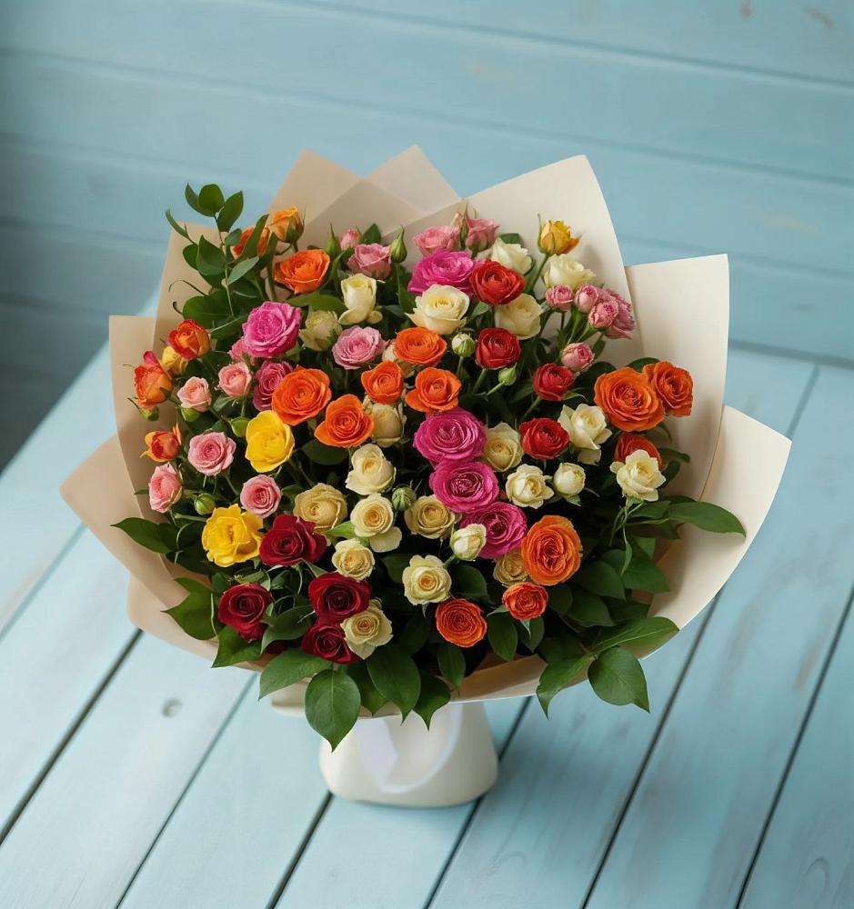 Букет Микс из разноцветных кустовых роз в Горы